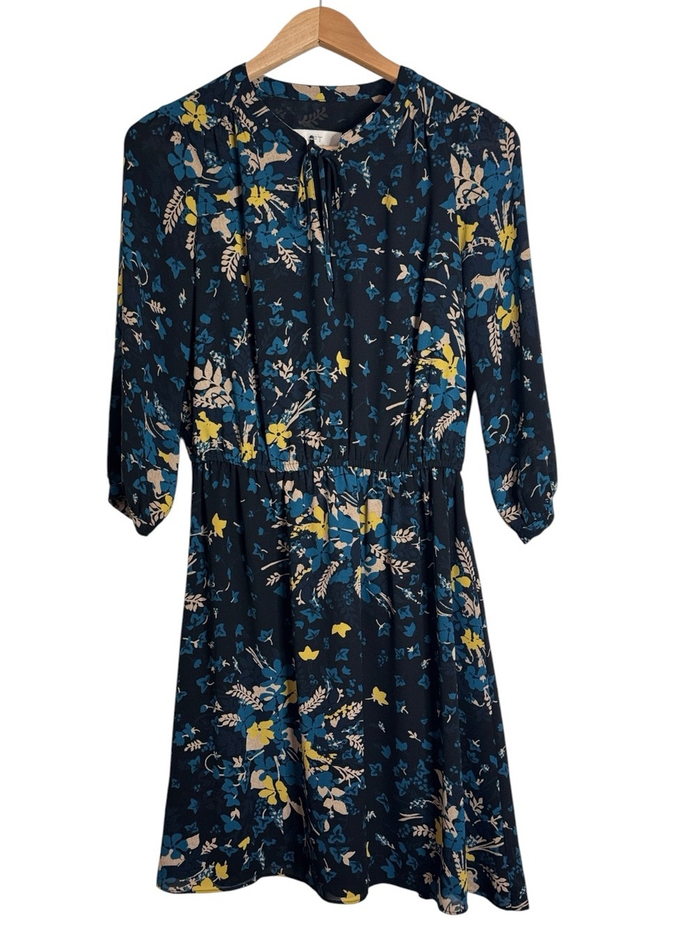 Loft A-line Floral Mini Dress Black/Blue/Yellow Tie Neck 3/4 Sleeve size S